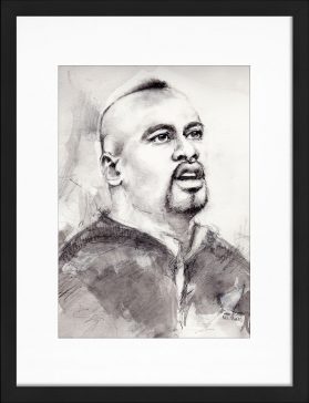 Peinture à l'aquarelle et encre du joueur de rugby néo-zélandais Jonah Lomu | All Blacks | Lucie LLONG | artiste peintre du mouvement | série portrait | personnalité du sport en peinture
