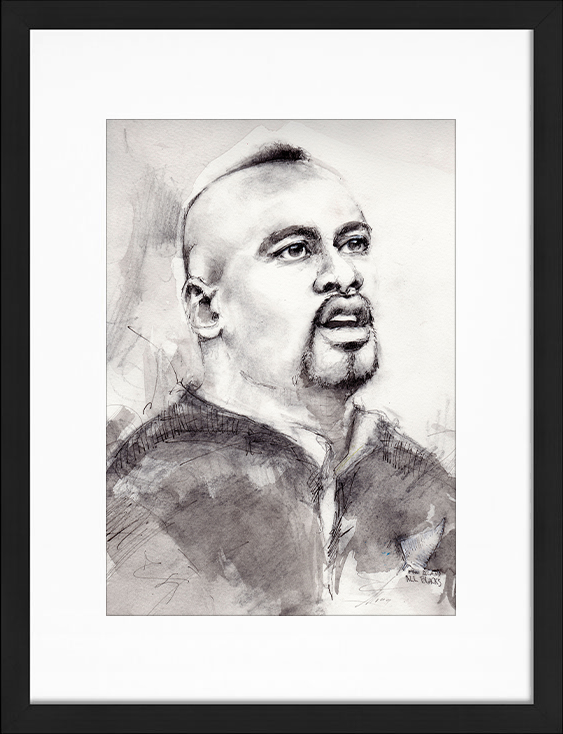 Watercolour and ink painting | New Zealand rugby player Jonah Lomu | All Blacks | Lucie LLONG | artiste of movement | portrait series | sports personality in painting