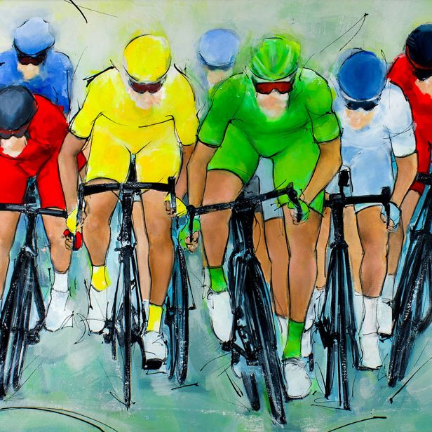 Cycling painting | Final sprint with yellow and green jersey | Tour de France | Sports Painting by Lucie LLONG, artist of movement