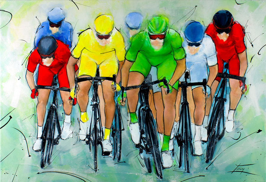 Tableau de Cyclisme | Sprint final dans les rue d'Issoire | Critérium du Dauphiné libéré | Tour de France | Peinture de psort par Lucie LLONG, artiste peintre du mouvement