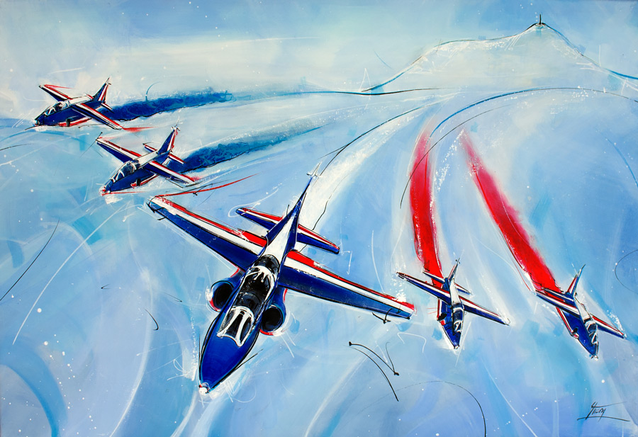 The patrouille de France Painting above the volcanoes of Auvergne - air sports Festival - Sports painting - Aeronautism by Lucie LLONG