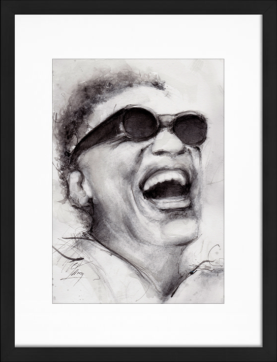 Peinture à l'aquarelle et encre de Ray Charles | Lucie LLONG | artiste peintre du mouvement | série portrait | personnalité de la chanson en peinture