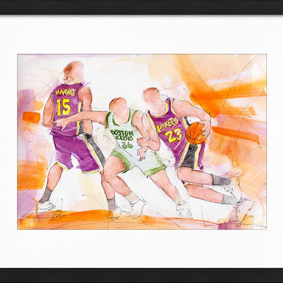 Peinture à l'aquarelle | Série Sport USA - Le basketball | Les celtics de Boston vs les lakers de Lebron James | Tableau de sport par Lucie LLONG, artiste peintre du mouvement