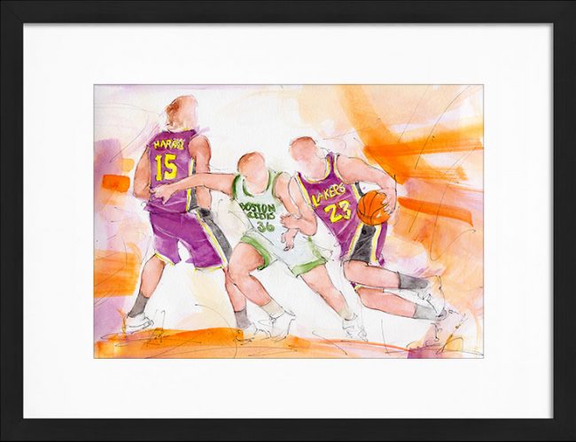 Peinture à l'aquarelle | Série Sport USA - Le basketball | Les celtics de Boston vs les lakers de Lebron James | Tableau de sport par Lucie LLONG, artiste peintre du mouvement
