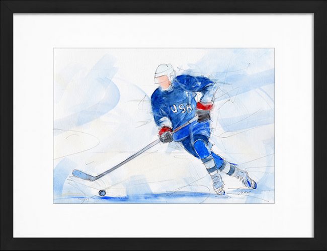 Peinture à l'aquarelle | team USA de Hockey sur glace | Tableau de sport par Lucie LLONG, artiste peintre du mouvement