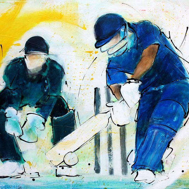 Sports painting - cricket painting - Batsman by Lucie LLONG, artist of movement