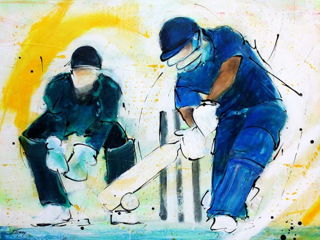 Tableau de sport - peinture de cricket - Batsman par Lucie LLONG, artiste peintre du mouvement