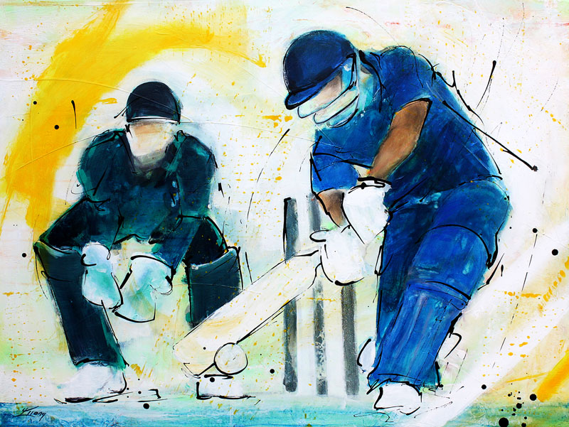 Sports painting - cricket painting - Batsman by Lucie LLONG, artist of movement