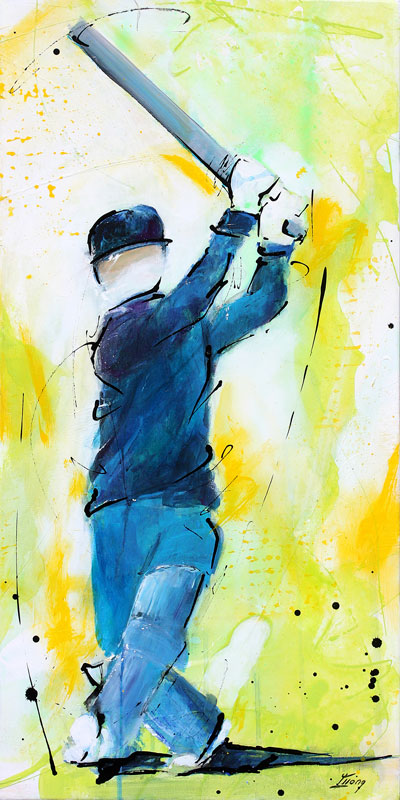 Sports painting - cricket painting - Boundary by Lucie LLONG, artist of movement