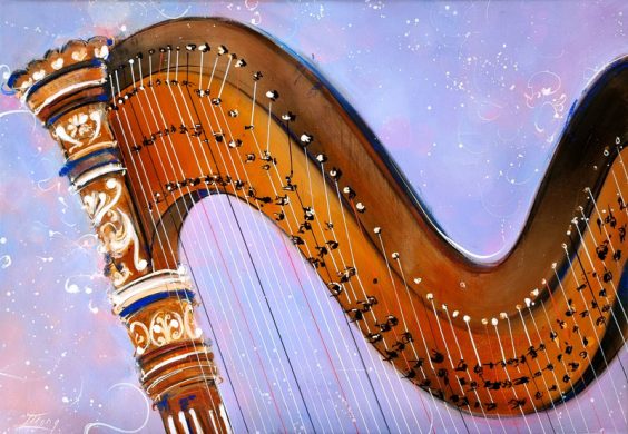 Tableau musique - Instrument de musique - Harpe ensorcelante - Peinture par Lucie LLONG, artiste peintre du mouvement