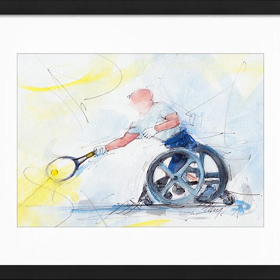 Watercolour painting of wheelchair tennis - Stéphane Houdet, Paralympic champion - Sports painting