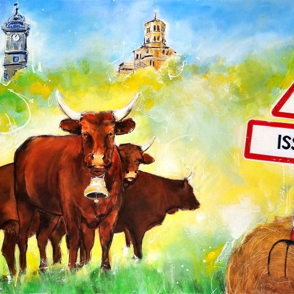 Peinture animalière - La vache salers à Issoire - Peinture par Lucie LLONG, artiste peintre du mouvement et du sport