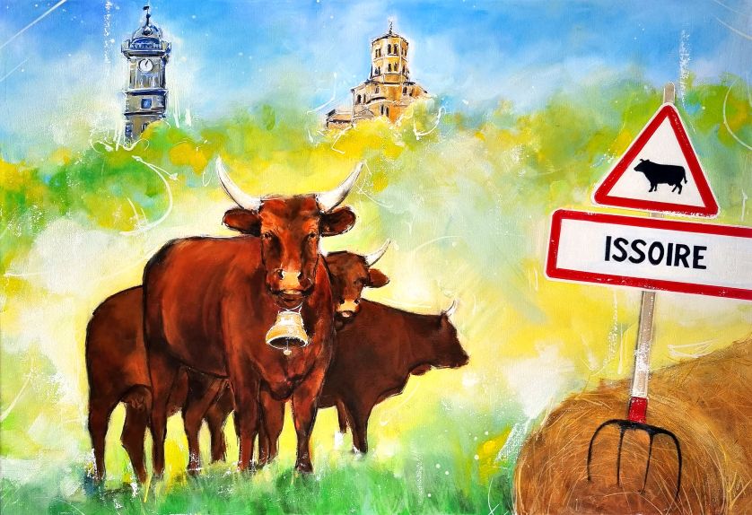 Peinture animalière - La vache salers à Issoire - Peinture par Lucie LLONG, artiste peintre du mouvement et du sport