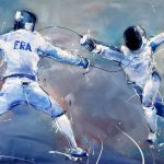 Peinture de sport - Tableau d'escrime - Combat à l'épée pour la médaille d'or au Jeux olympiques de Tokyo 2020 - Romain Cannone