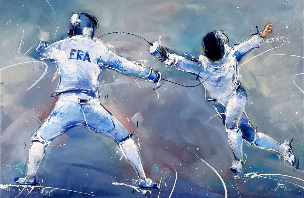 Peinture de sport - Tableau d'escrime - Combat à l'épée pour la médaille d'or au Jeux olympiques de Tokyo 2020 - Romain Cannone