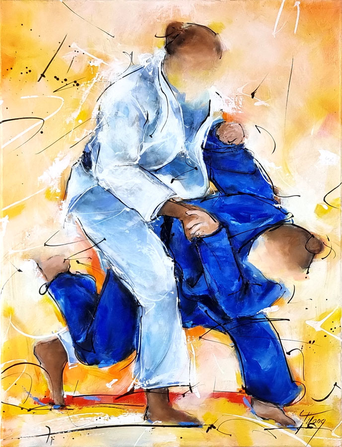 Peinture de judo - Clarisse Agbegnenou combat en finale des Jeux Olympiques de Tokyo pour la médaille d'or - Tableau de sport par Lucie LLONG, artiste peintre du mouvement