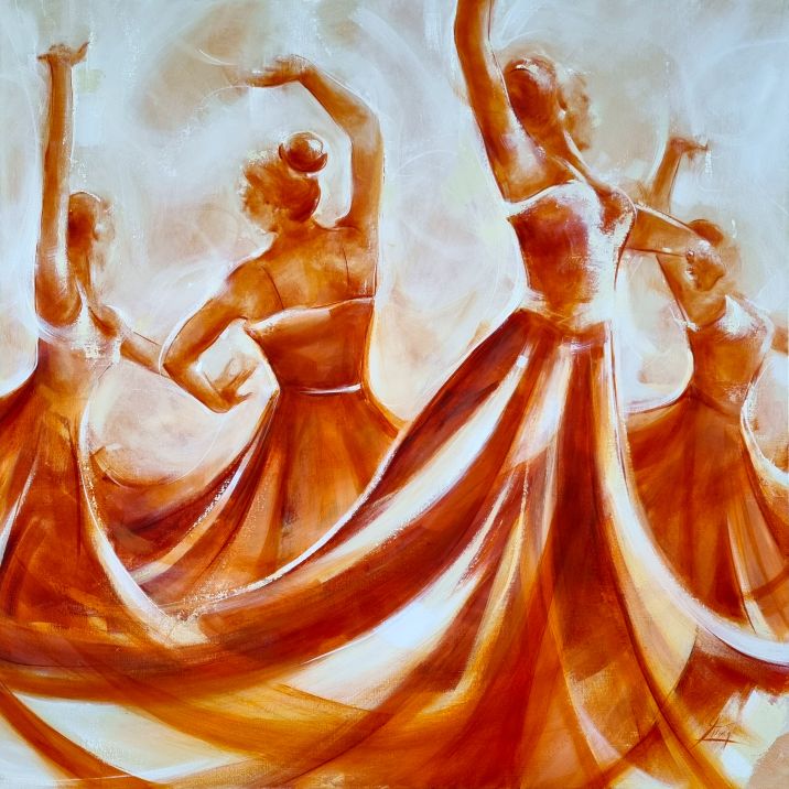 Peinture de danse contemporaine | 4 danseuses sur scène par Lucie LLONG, artiste peintre du mouvement et du sport | Tbleau de danse moderne