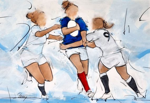 Sport painting - Women's rugby - Painting of the xv de France facing England during the 6 nations rugby tournament