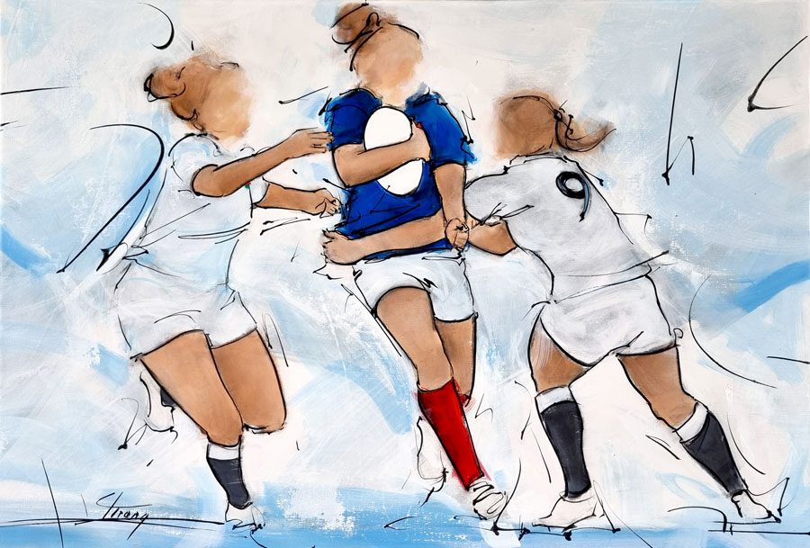 Tableau de sport - Le rugby féminin - Peinture du xv de France face à l'Angleterre lors du tournoi des 6 nations de rugby