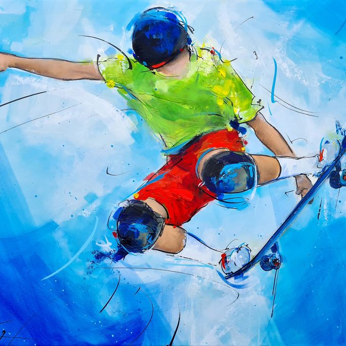 skateboard painting - sports painting - Olympic Games Paris 2024 - Sports painting by Lucie LLONG, artist of movement