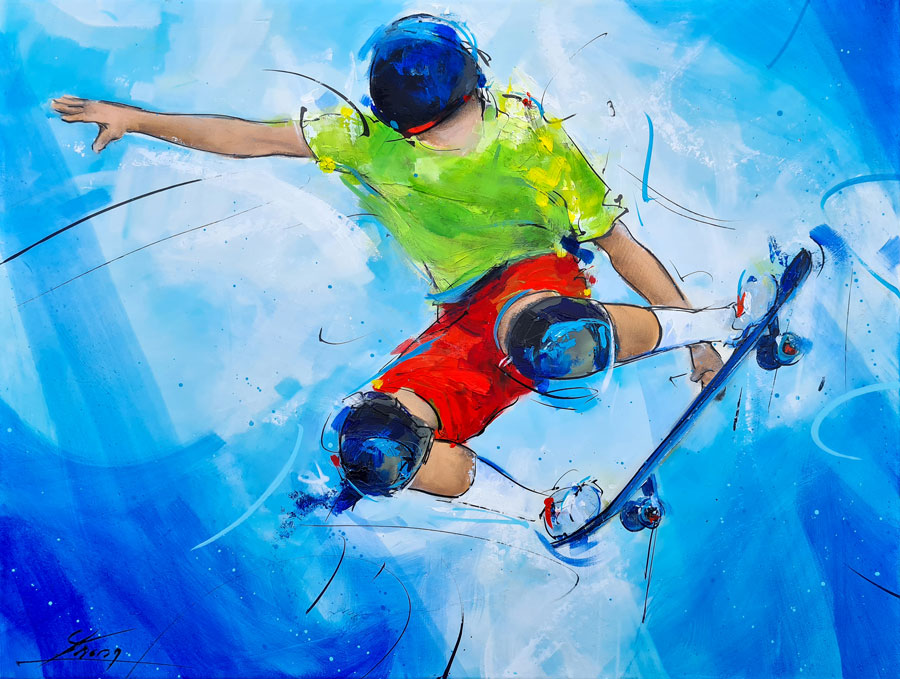 tableau de skate board - peinture de sport - Jeux olympiques Paris 2024 - Tableau de sport par Lucie LLONG, artiste peintre du mouvement