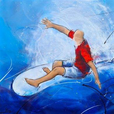 sport & surf painting - Surfing competition - surfer on a wave -Teahupo'o, polynesian sport -Olympic Games Paris 2024 -Sport painting by Lucie LLONG, artist of movement