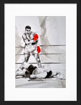 Peinture aquarelle de boxe - Mohamed Ali met ko Sonny Liston - Série Grands moments du sport - Tableau de sport par Lucie LLONG, artiste peintre du mouvement
