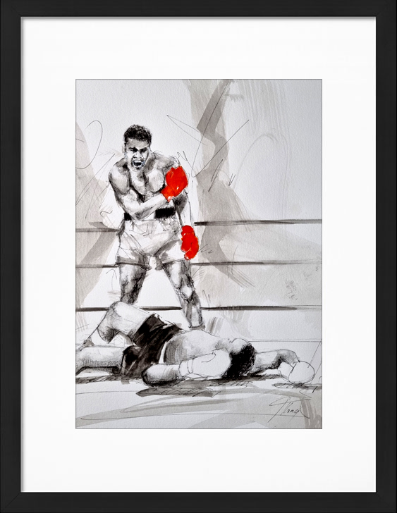 Peinture aquarelle de boxe - Mohamed Ali met ko Sonny Liston - Série Grands moments du sport - Tableau de sport par Lucie LLONG, artiste peintre du mouvement