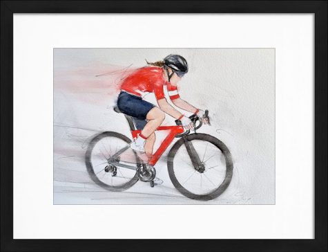 Peinture à l'aquarelle de la cycliste suisse Elise Chabbey - Jeux olympiques - Tableau de sport par Lucie LLONG, artiste peintre du mouvement