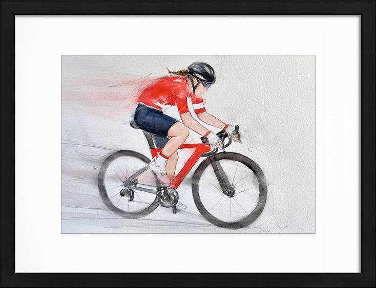 Peinture à l'aquarelle de la cycliste suisse Elise Chabbey - Jeux olympiques - Tableau de sport par Lucie LLONG, artiste peintre du mouvement