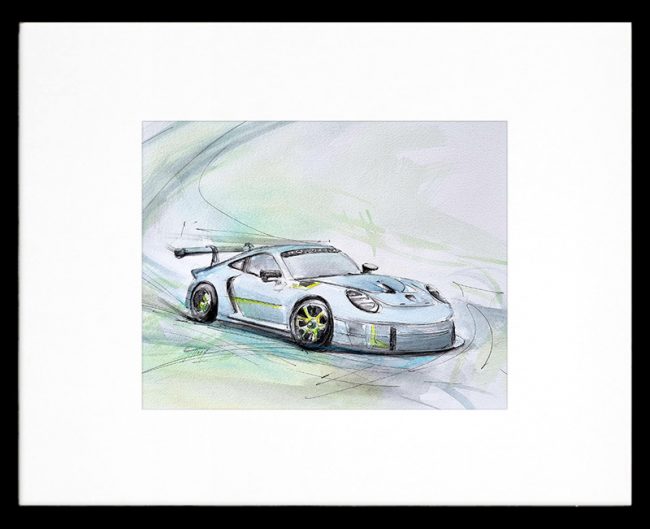 Peinture à l'aquarelle d'une porsche - Sport automobile - Tableau de sport par Lucie LLONG, artiste peintre du mouvement