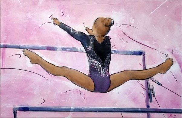 peinture de gymnastique - Barres asymétriques - Tableau de sport par Lucie LLONG, artiste peintre du mouvement