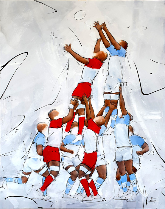 Peinture du rugby - Le derby basque - Le BO (Biarritz olympique) défie Bayonne (Aviron bayonnais dans un match de rugby électrique - Finale d'accession pro D2 - Tableau de sport par Lucie LLONG, artiste peintre du mouvement