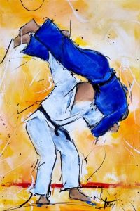 Tableau de judo - jodokas lors d'un combat - Peinture de sport par Lucie LLONG, artiste peintre du mouvement