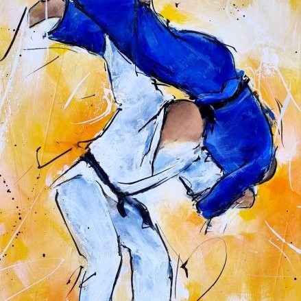 Judo painting - jodokas during a fight - Sports painting by Lucie LLONG, artist of movement