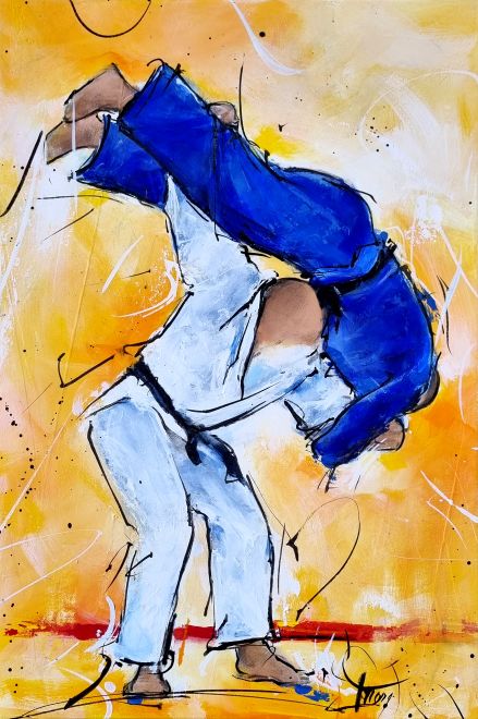 Judo painting - jodokas during a fight - Sports painting by Lucie LLONG, artist of movement