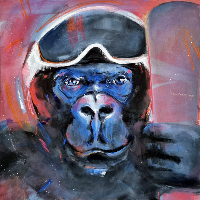 Tableau d'inspiration POP art d'une gorille sur les skis - série peinture animalière - singe - par Lucie LLONG , artiste peintre du mouvement