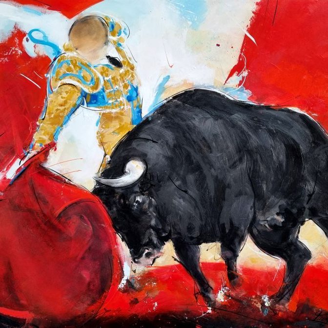 Tableau de tauromachie - Torero lors d'une corrida en peinture - Œuvre d'art par Lucie LLONG, artiste peintre du mouvement
