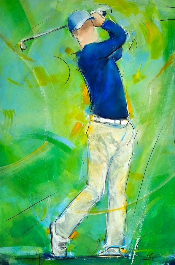 tableau de golf - le swing parfait d'un joueur de golf - Peinture de sport par Lucie LLONG, artiste peintre