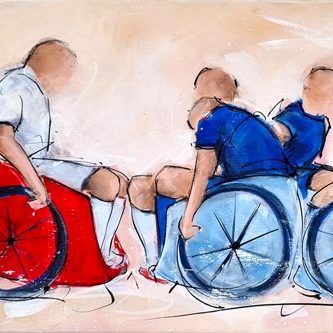 Peinture d'un match de wheelchair sevens - Rugby à 7 en fauteuil - Equipe de France - Tableau de handisport par Lucie LLONG, artiste peintre du mouvement - En mêlée