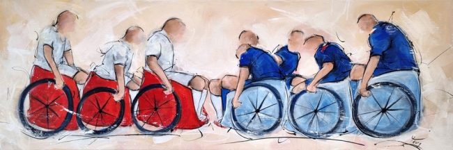 Peinture d'un match de wheelchair sevens - Rugby à 7 en fauteuil - Equipe de France - Tableau de handisport par Lucie LLONG, artiste peintre du mouvement - mêlée