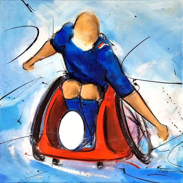Peinture d'un match de wheelchair sevens - Rugby à 7 en fauteuil - Equipe de France - Tableau de handisport par Lucie LLONG, artiste peintre du mouvement