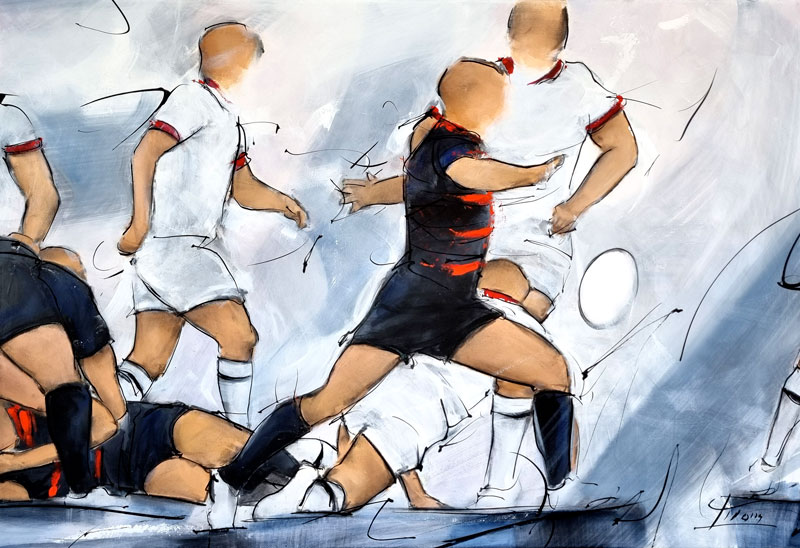 Tableau de rugby - Antoine Dupond du stade toulousain dégage le ballon face à l'UBB - Match de TOP 14 - peinture de sport par Lucie LLONG, artiste peintre du mouvement