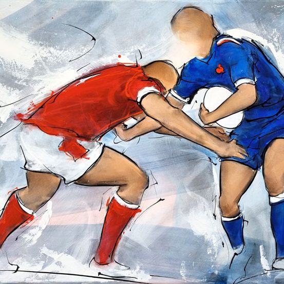 Rugby table - Match of the 6 nations between the XV of France and Wales team - Sports painting by Lucie LLONG, artist of movement