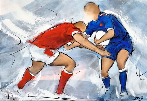 Tableau de rugby - Match du tournoi des 6 nations entre le XV de France et le Pays de Galles - Peinture de sport par Lucie LLONG, artiste peintre du mouvement