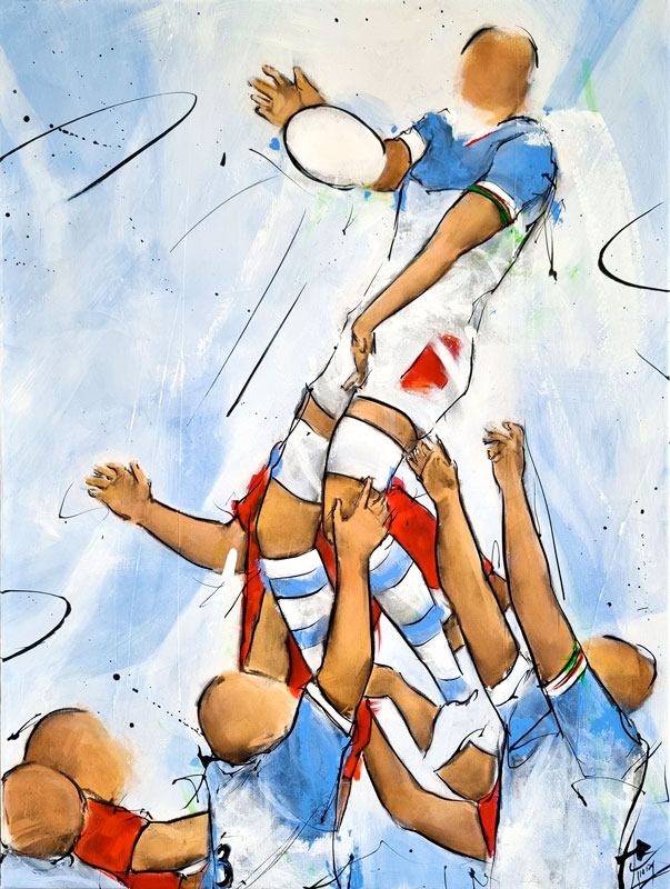 Peinture de rugby - Touche gagnée par l'Aviron Bayonnais - Tableau de sport par Lucie LLONG, artiste peintre du mouvement