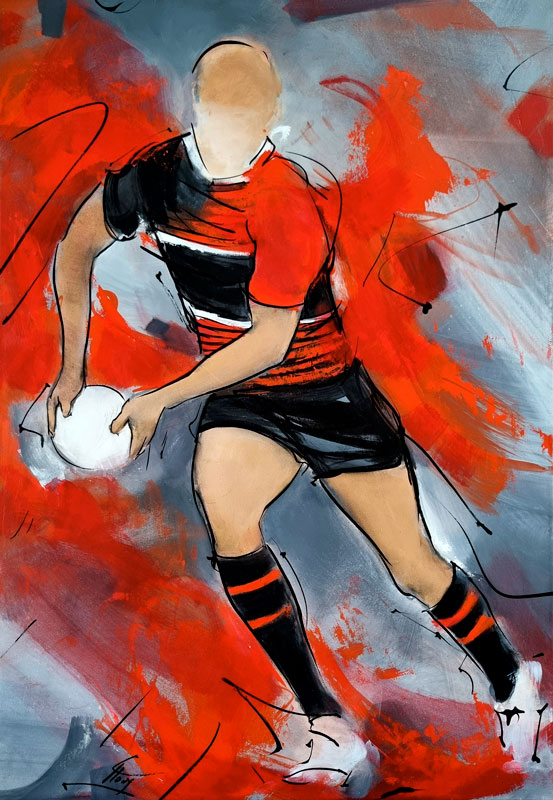 Peinture de rugby - Attaque du Stade Toulousain lors d'un match de Top 14 - Tableau de sport par Lucie LLONG, artiste peintre du mouvement
