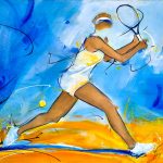 Peinture de tennis féminin - Oeuvre d'art - Joueuse de tennis en revers lors du tournoi de Roland Garros - Tableau de sport par Lucie LLONG, Artiste Peintre du mouvement