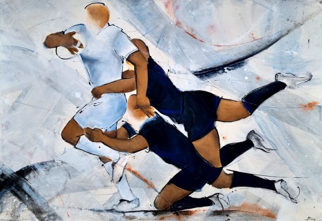 Art, sport and rugby : Painting on canvas of a rugby match - sports painting by Lucie LLONG, artist of movement - All blacks