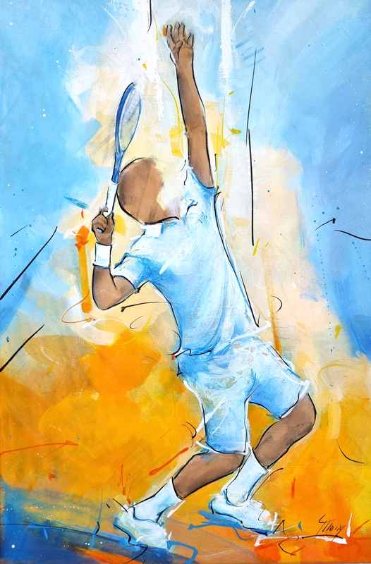 Peinture de tennis - Oeuvre d'art - Service à Roland Garros - Tableau de sport par Lucie LLONG, artiste peintre du mouvement